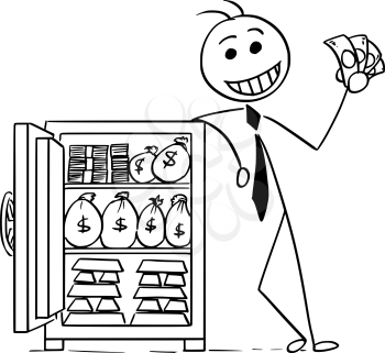 Cartoon stick man illustration of smiling business man businessman posing with vault full of money and gold.