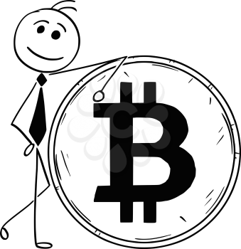 Cartoon stick man illustration of smiling Business man businessman leaning on large bitcoin coin.
