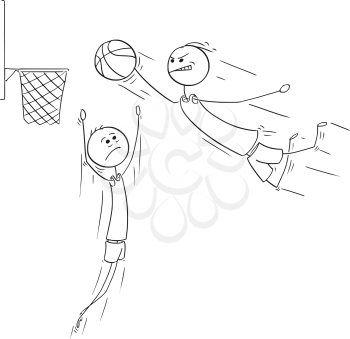 Cartoon stick man drawing illustration of basketball player jumping and scoring goal.