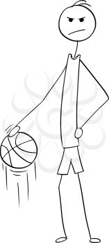 Cartoon stick man drawing illustration of angry tall basketball player posing and dribbling with ball.