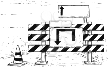 Vector cartoon drawing of road traffic block stop detour with empty blank sign boards.