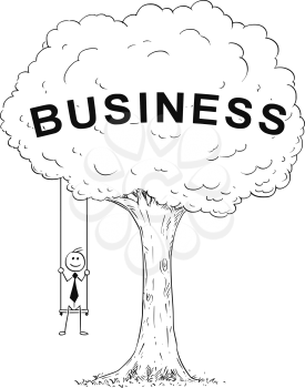 Cartoon stick man drawing conceptual illustration of happy businessman sitting on the tree swing hanging on the branch. Concept of business success.
