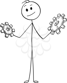 Cartoon stick man drawing conceptual illustration of businessman looking at two cogwheels. Business concept of problem solving and solution.
