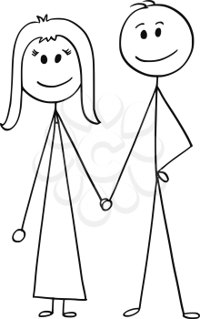 Cartoon stick man drawing illustration of happy couple of man and woman.