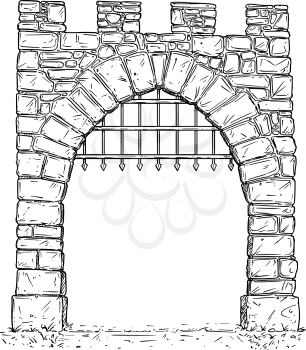 Cartoon vector doodle drawing illustration of open medieval stone decision gate with iron bars .