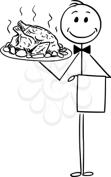 Cartoon stick man drawing conceptual illustration of waiter holding silver plate or tray with roast chicken or turkey.