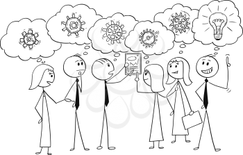 Cartoon stick man drawing conceptual illustration of business team or group of businessmen and businesswomen working together to find problem solution, one Businessman just get the idea. Concept of teamwork and brainstorming.
