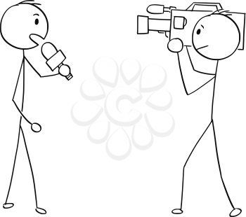 Cartoon stick man drawing illustration of tv or television news reporter and cameraman.