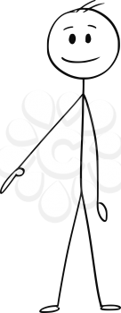 Cartoon stick man drawing conceptual illustration of businessman pointing right and down or under him.