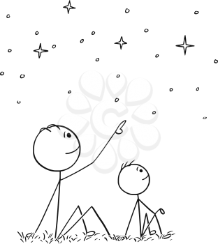 Cartoon stick man drawing conceptual illustration of father or dad and son watching together night sky stars.
