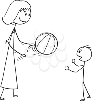 Cartoon stick man drawing conceptual illustration of mother or mom playing with son with inflatable beach ball.