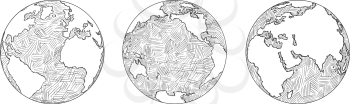 Cartoon hand drawing illustration of three views of planet Earth globe.