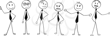 Cartoon stick man drawing illustration of crowd of six business people, men, businessmen standing and posing.