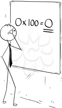 Cartoon stick man concept drawing illustration of businessman looking and calculating on wall board.Concept of business profit.