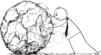 Cartoon stick man drawing conceptual illustration of businessman rolling large rock. Concept of hard business task.