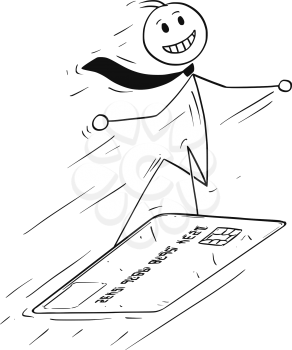 Cartoon stick man drawing conceptual illustration of businessman surfing or snowboarding on credit card. Business concept of shopping and credit control.