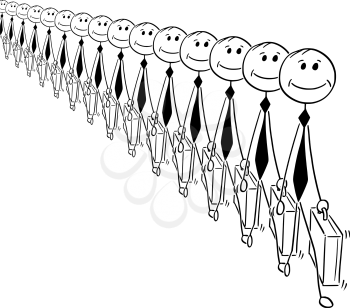 Cartoon stick man drawing conceptual illustration of crowd of identical businessman or clerk clones produced in mass without personality. Business concept of bureaucracy and mediocrity.