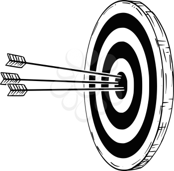 Cartoon drawing conceptual illustration of target, dartboard or clout with three bow arrows hits in center. Concept of success in business.
