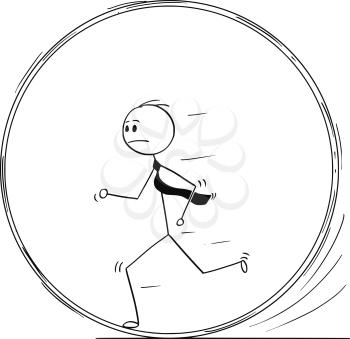Cartoon stick man drawing conceptual illustration of businessman running in squirrel wheel or in circle. Business concept of repeating work or career stagnation.