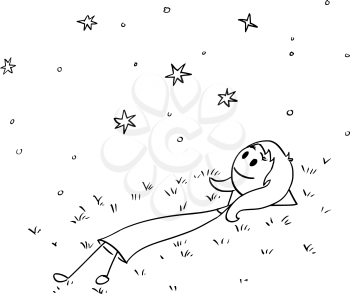 Cartoon stick man drawing conceptual illustration of businesswoman or woman or girl lying on grass and watching night sky with stars. Business concept of dream and relaxation.