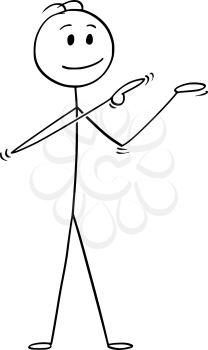 Cartoon stick man drawing conceptual illustration of businessman pointing at empty space above his space. Ready for your text, icon or graphic element.