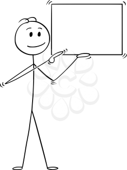 Cartoon stick man drawing conceptual illustration of businessman holding empty or blank sign and pointing. Ready for your text or icon.