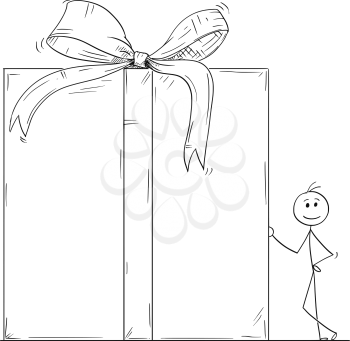 Cartoon stick man drawing conceptual illustration of businessman standing with huge or large gift box or present in wrap.