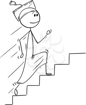 Cartoon stick man drawing conceptual illustration of graduate young man running up stairs or staircase. Concept of success, future and career.