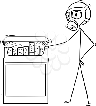 Cartoon stick man drawing conceptual illustration of man in gas mask looking at box of cigarettes.