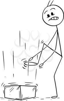 Cartoon stick man drawing conceptual illustration of businessman to whom brick or big stone fall down on foot.