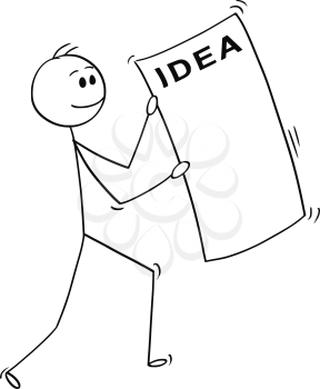Cartoon stick man drawing conceptual illustration of happy businessman carrying big sheet of paper with idea text. Business concept of creativity and innovation.