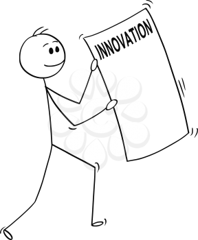 Cartoon stick man drawing conceptual illustration of happy businessman carrying big sheet of paper with innovation text. Business concept of creativity and idea.