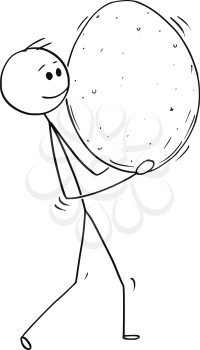 Cartoon stick man drawing conceptual illustration of man carrying big egg. Concept of healthy lifestyle and farming.