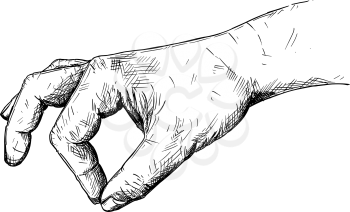Vector artistic pen and ink drawing illustration of hand holding something small between pinch fingers. Possibly spice or salt or pepper.