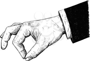 Vector artistic pen and ink drawing illustration of businessman hand in suit holding something small between pinch fingers. Possibly spice or salt or pepper.