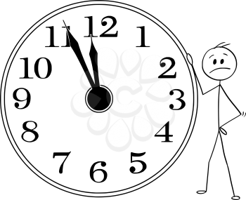 Cartoon stick man drawing conceptual illustration of sad and depressed businessman leaning on big wall clock displaying five minutes before twelve hours or midday or midday. Business or political concept of deadline or time up.