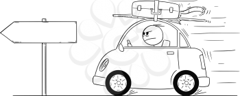 Cartoon stick man drawing conceptual illustration of unhappy or angry man in small car going back or returning from holiday or vacation. Empty arrow sign for your text.