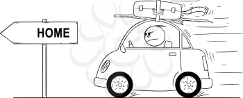 Cartoon stick man drawing conceptual illustration of unhappy or angry man in small car going back or returning from holiday or vacation. Arrow sign with home text.