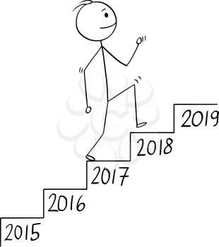 Cartoon stick man drawing conceptual illustration of businessman walking up the stairs or staircase or stairway with year number on each step. Business concept of growth in time.