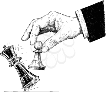 Vector artistic pen and ink drawing illustration of hand holding chess pawn figure and knocking down the king. Business concept of checkmate strategy and game.