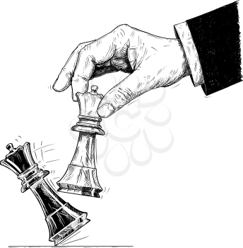Vector artistic pen and ink drawing illustration of hand holding chess white king figure and knocking down the black king. Business concept of checkmate strategy and game.