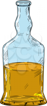 Vector cartoon illustration or drawing of half full hard liquor or whiskey bottle.