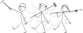 Vector cartoon stick figure drawing conceptual illustration of three adult men playing at soldiers and marching. Concept of war.