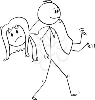 Cartoon stick drawing conceptual illustration of man carrying woman over his shoulder.