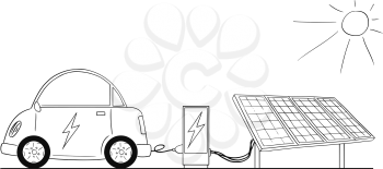 Cartoon drawing conceptual illustration of electric car recharging at charging station by power from solar power plant .