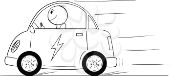 Cartoon stick drawing conceptual illustration of happy man driving electric car.