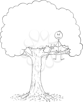 Cartoon stick drawing conceptual illustration of man with saw on tree cutting down the branch he is sitting on. Business concept of mistake and failure.