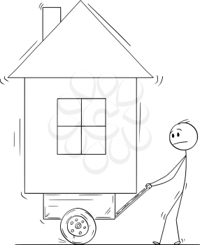 Cartoon stick drawing conceptual illustration of man pushing his family house on handcart, cart barrow or pushcart. Business concept of property expenses.