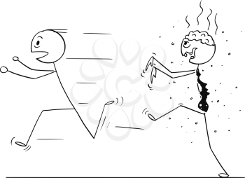 Cartoon stick drawing conceptual illustration of scared man running away from zombie businessman.