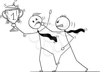 Cartoon stick drawing conceptual illustration of businessman attacking trophy cup and medal winner competitor.